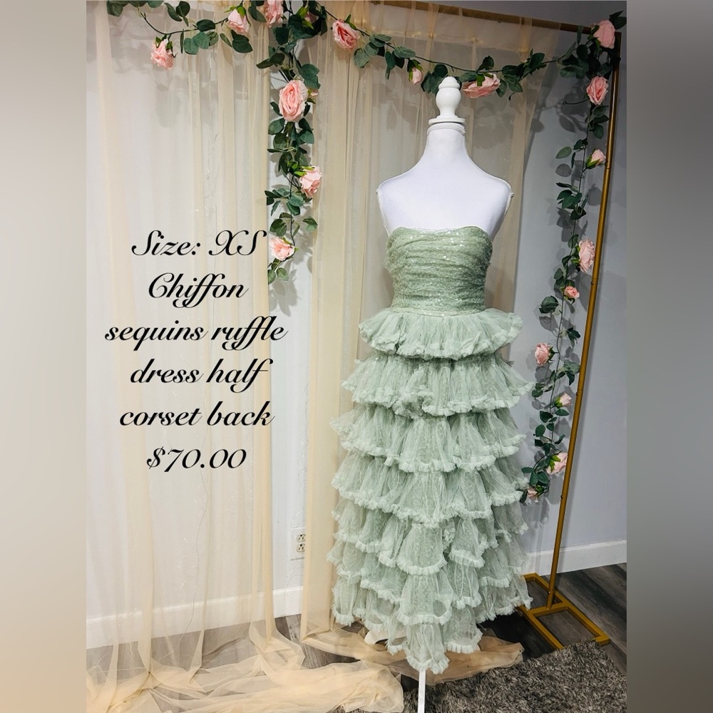 Strapless Chiffon Ruffle Dress in Mint Green